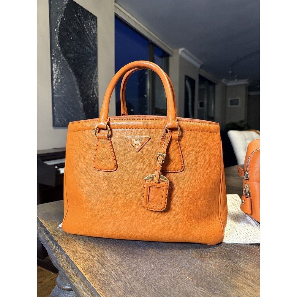 Authentic Prada Orange Saffiano Leather Tote Bag Gold Hardware Top Handle